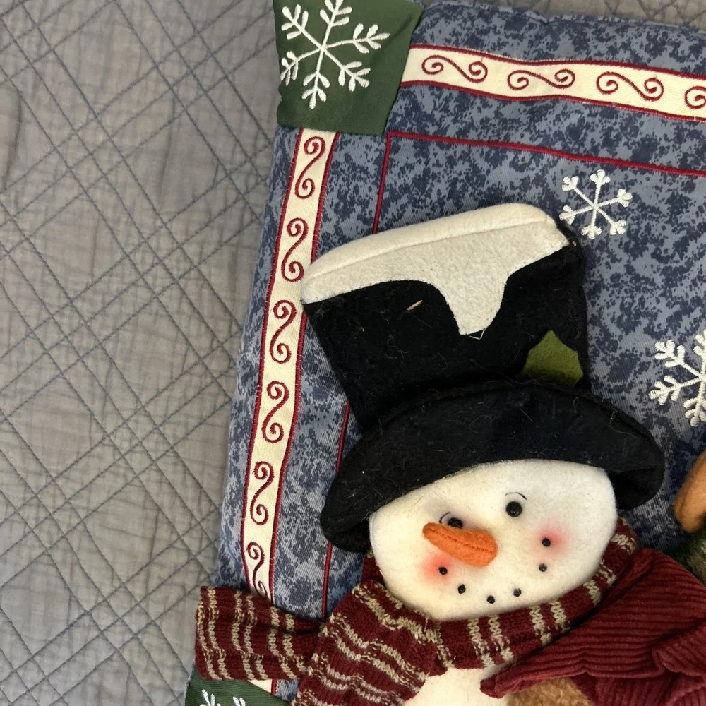 Vintage 1990s St‎ Nicholas Square Snowman Fabric Pillow 15x15 Holiday Christmas